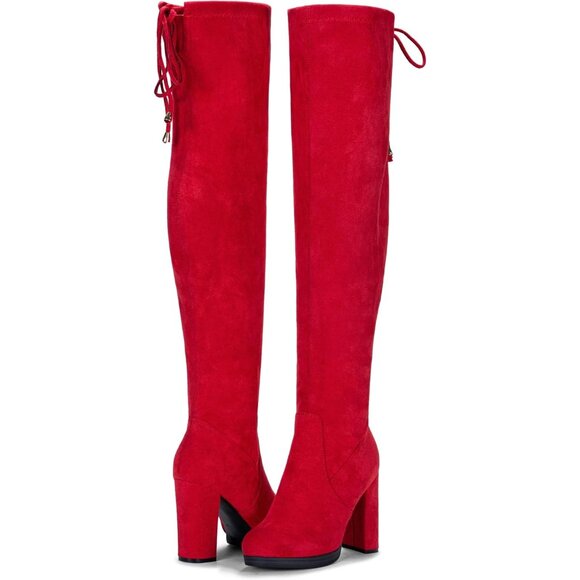 Women's Red-imitation Suede Thigh High Over The Knee Rounded Toe Tall Long Boot - Picture 8 of 9